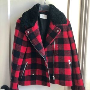 NWT Sandro Minds Shearling Red Plaid Moto Jacket